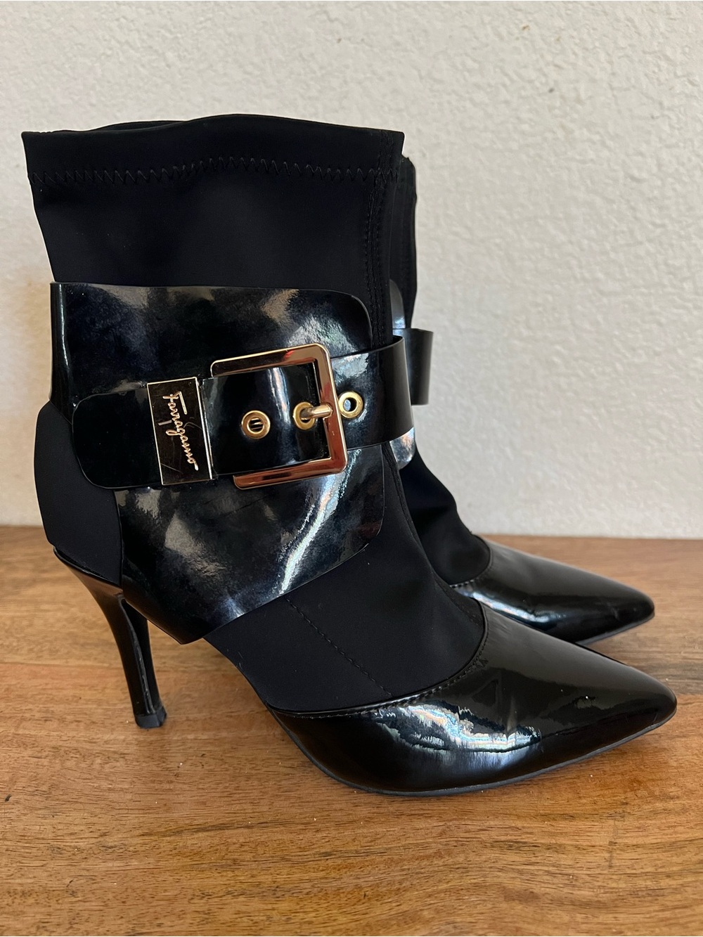 Salvatore Ferragamo Black Black Patent Leather Pointed Ankle Boots Size 35